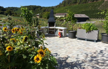 Grillstelle draußen mit Pflanzen (zum Beispiel: Sonnenblumen) | © Neckar-Zaber-Tourismus e.V.