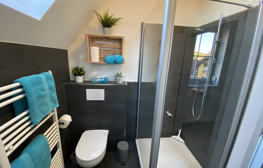 Badezimmer mit weißer Toilette, Glas-Dusche, weißen Handtuchheizkörpern und blauen Handtüchern | © Ferienwohnung Etzl