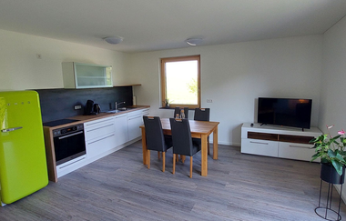 Esszimmer mit Küchenzeile: Ofen, Herd und Spülbecken, ein Esstisch mit vier Stühlen, ein großer grüner Kühlschrank und ein Fernseher | © Neckar-Zaber-Tourismus e.V.