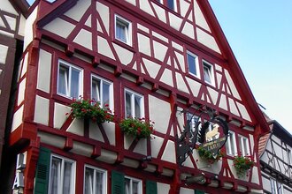 Außenansicht Hotel-Restaurant Lamm Mosbach mit Fachwerk | © Hotel-Restaurant Lamm Mosbach