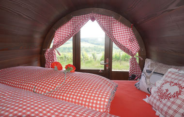 In einem 8.000 Liter großen Weinfass wurde ein Bett eingebaut, der Ausblick aus dem Fenster ist auf die Weinberge gerichtet. | © Jakobshof Lehr
