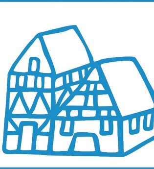 Logo mit blau illustriertem Fachwerkhaus auf weißem Hintergrund