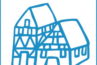 Logo mit blau illustriertem Fachwerkhaus auf weißem Hintergrund