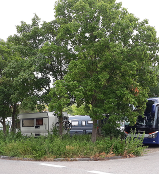 Blick auf den Wohnmobildstellplatz P3 in Rothenburg o.d.T. Der Platz ist gut belegt und von Bäumen durchzogen. | © Liebliches Taubertal