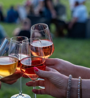 im Vordergrund drei Hände, die mit gefüllten Weingläsern anstoßen