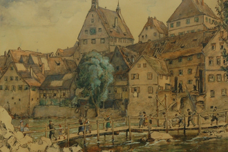 Historische Darstellung von Besigheim mit Fachwerkhäusern und einer Holzbrücke über einen Fluss. | © Stadt Besigheim