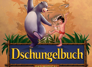 Illustration von Balu dem Bären und Mogli aus dem Dschungelbuch, die tanzen. Im Hintergrund ist ein Tigerkopf zu sehen. | © Theater Liberi