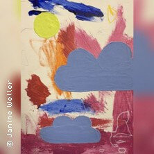 Buntes Kinderbild mit Wolken, Sonne und abstrakten Formen. | © links im Bild