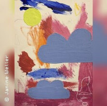 Buntes Kinderbild mit Wolken, Sonne und abstrakten Formen. | © links im Bild
