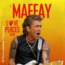 Musiker mit Gitarre vor gelb-orangefarbenem Hintergrund, Text: Maffay Love Places 2026. | © see on the left