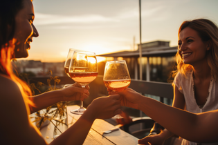 Abendstimmung im Sonnenuntergang am Weinausschank. Eine Gruppe Frauen, die mit Weingläsern anstoßen. | © Neckar-Zaber-Tourismus e.V.