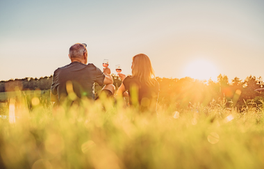 Ein paar sitzt im Sonnenuntergang auf einer Wiese und stößt mit Weingläsern an. | © Touristikgemeinschaft HeilbronnerLand