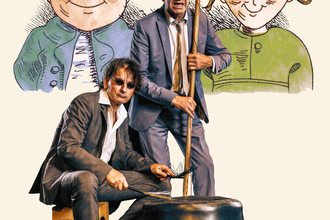 Das Musikerduo Huub Dutch sitzen vor dem Bild von Max und Moritz