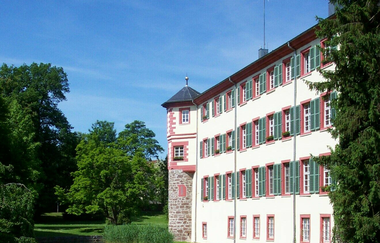 Seitenansicht des  Wasserschlosses Eichtersheim im grünen Schlosspark an  einem Sommertag