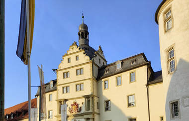 Eingang zum Residenzschloss Mergentheim bei Sonnenuntergang. Im Vordergrund sind rosa Blumen. | © @reishonger