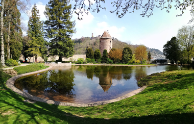 Schlossparkidyll mit Teich, Spiegelung, Blauer Hut und Burgruine Windeck
