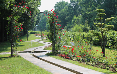 Ein Bachlauf führt durch den Kurpark hindurch. Ein Bogen mit Rosen umwachsen lädt zum durchlaufen ein. | © Kurverwaltung