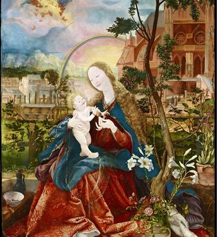 Gemälde von Matthias Grünewald. Das gemalte Bild zeigt Maria, die auf einer Bank sitzt. Sie trägt ihr langes, blondes Haar offen und keine Krone krönt ihr Haupt. Mit der rechten Hand hält sie das Jesuskind. | © Focus GmbH Leipzig