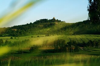 Grüne Wiesen mit Burg Steinsberg im Hintergrund | © Stadt Sinsheim