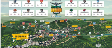 Übersichtliche, farbige Landkarte des Mountainbikeparadieses BIKELÄND in Eberbach mit eingezeichneten Trails, Startpunkten, Schwierigkeitsgraden und Ortsnamen entlang des Neckars. | © Stadt Eberbach; BIKELÄND 