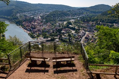 Zwei Holzbänke stehen auf einem Aussichtspunkt mit Metallgeländer, der von der Rothsnasenhütte auf Neckargemünd blickt. Im Hintergrund erstreckt sich das Stadtgebiet von Neckargemünd mit dicht bebauten Häusern, Straßen und dem Fluss Neckar, der sich durch das Tal schlängelt. Die Umgebung ist von bewaldeten Hügeln umgeben, die den Blick auf die Stadt und das Flusstal einrahmen. Die Szene ist bei Tageslicht und klarem Wetter aufgenommen. | © Serge Salens
