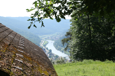 Blick vom Itterberg auf ein Tal mit einem Fluss, umgeben von bewaldeten Hügeln und einer Wiese im Vordergrund. | © Landratsamt Rhein-Neckar-Kreis; Beate Otto