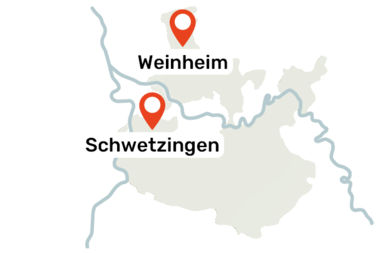 Karte des Rhein-Neckar-Kreises mit den markierten Orten Weinheim und Schwetzingen. | © Landratsamt Rhein-Neckar-Kreis