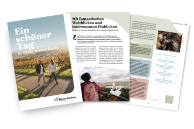 Zwei Personen gehen auf einem Weg durch eine herbstliche Weinberglandschaft unter blauem Himmel mit dem Titel 'Ein schöner Tag im Rhein-Neckar-Kreis' | © Landratsamt Rhein-Neckar-Kreis