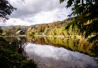 See mit Spiegelung von Bäumen und einem Haus am Ufer unter bewölktem Himmel | © Landratsamt Rhein-Neckar-Kreis; Foto Sebastian Weindel